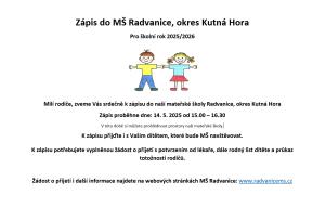 Zápis do MŠ Radvanice pro školní rok 2025/2026
